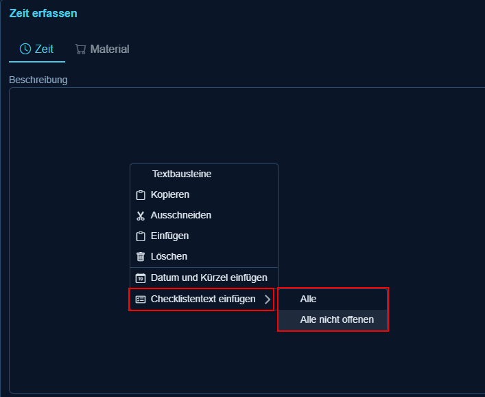 Auswahl beim Einfügen von Checklistentexten