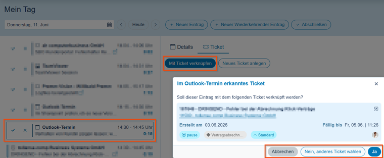 Erkanntes Ticket aus einem Outlook-Termin übernehmen