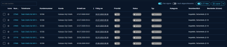 Gefilterte Ticketliste aus dem Dashboard